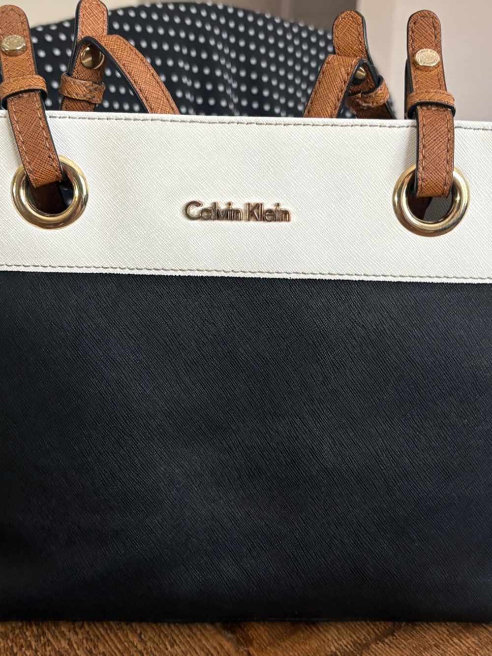 Calvin Klein Black and White Tote with Tan Straps